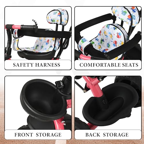 Image of Tricycle 1 Years to 5 Years with Removable Safety Guard and Parental Control Back Side Push Handle with Rubber Tyre for Kid's CR07 (Pink)
