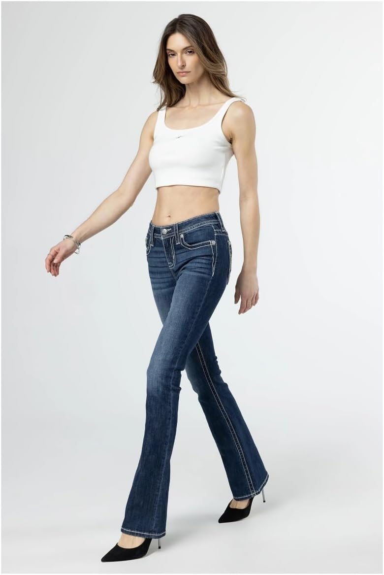 Miss Me Women's Mid Rise Floral Scene Bootcut Jeans