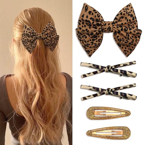 Set de 5 pinzas para cabello con moño y diseño leopardo