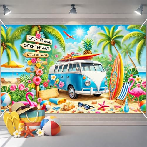 BlissYard Summer Beach Party Decorations 71 x 43 Inch Hawaiian Tropical Surf Van Beach Party Banner Flamingo Palm Tree Photo Background Indoor Outdoor Summer Wall Decor