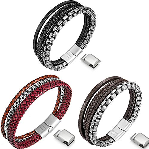 Speroto Mens Bracelets,Steel and leather bracelets for men,cuff bracelets in Red,brown and black,8.7inch mens bracelets