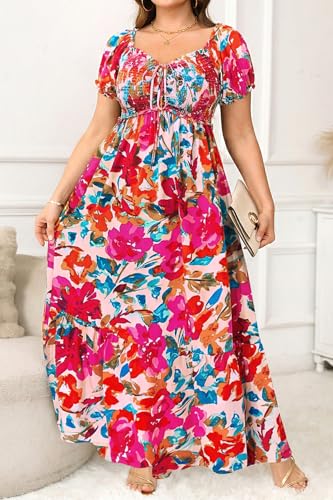 Image of Plus Size Sun Dresses Women - Summer Off the Shoulder Puff Sleeve A Line Boho Maxi Flow Long Dress 2025