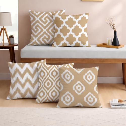 STITCHNEST Set of 5 Polycotton Cushion Covers – 24x24 Inches – Beige & White Ikat Geometric Print – Elegant Cushion Covers for Sofa & Living Room Decor