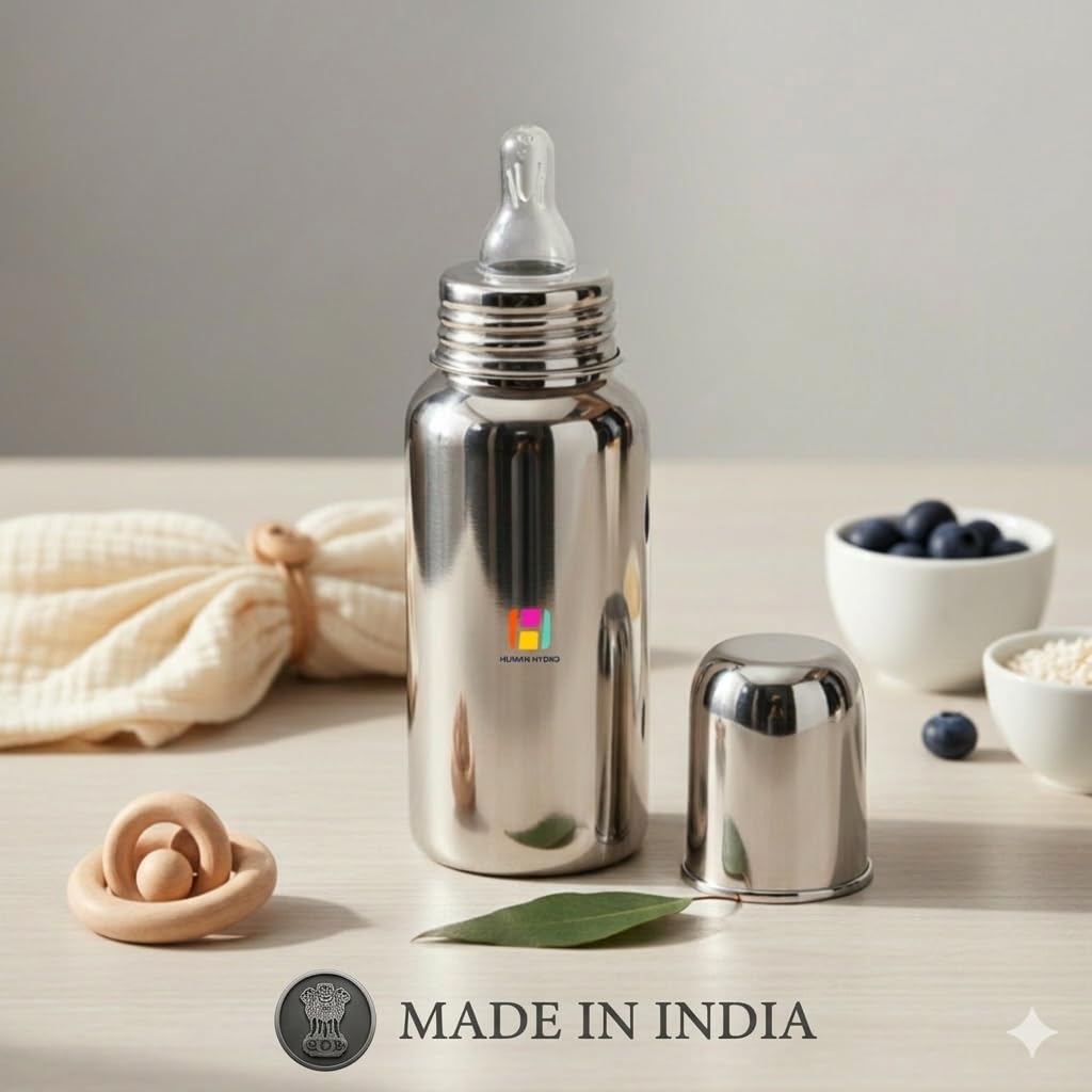 Human Hydro 250ml Stainless Steel Baby Feeding Bottle | Anti-Colic, BPA-Free, Leak-Proof | Food Grade 304 Steel | Wide Neck Milk Bottle for Newborns & Infants | Made in India 2