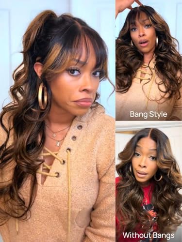 Image of Beauty Forever Pre Everything Glueless Front Balayage Highlight Body Wave Curtain Bangs Glueless Wigs Human Hair Pre Plucked Pre Cut 13x4 Loose Wave Bye Bye Knots Ready to Wear Frontal Wig 20 inch