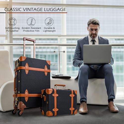 Apelila 2 Piece Vintage Luggage Set PU Leather Luggage with Spinner Wheels, Lightweight Suitcase for Travel( 20"+12")