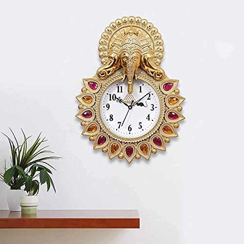 Webelkart Premium Stones Horloge murale en plastique Seigneur Ganesh pour maison/salon/chambre/cuisine Doré 33 cm