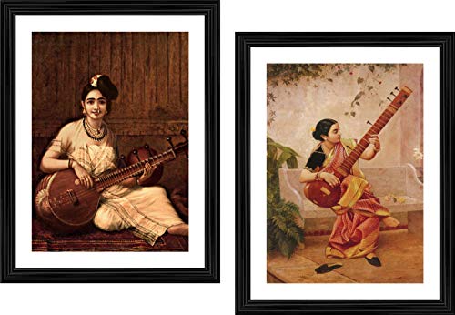 Image of Adventures� *Musicians- Malbar Lady & Kadambari*- Two Paintings by Raja Ravi Varma, Set of 2 Wall D�cor Frames. Matt Satin Print with MDF & 1 inchPS Black Frame. Size 14 inchx18 inch each.