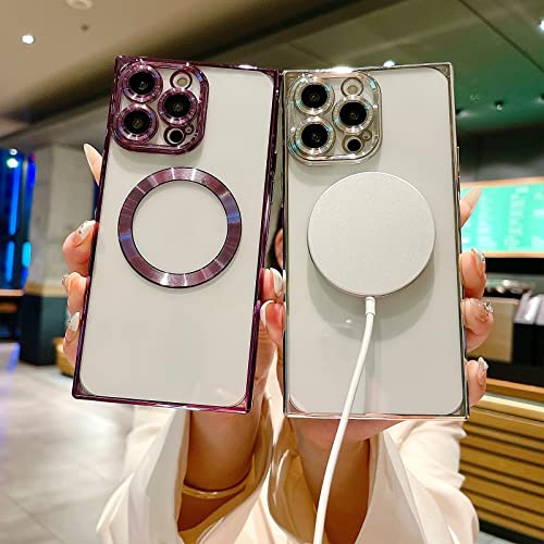 Image of aowner Magnetic Case for iPhone 14 Pro Max Square Case [Compatible with MagSafe] Crystal Clear,Fullbody Protection Non-Yellowing Slim Fit Shockproof for Women Girls Protective Phone Cover, Deep Purple