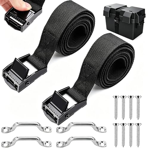 Seamaka 2 PCS 1 x 4ft Battery Tie Down Strap kit Battery Hold Down Strap with Stainless Steel Cam Buckle 4 Stainless Steel Eye Strap Mounts 8 SS Screws for Boats Luggage Belt Cars