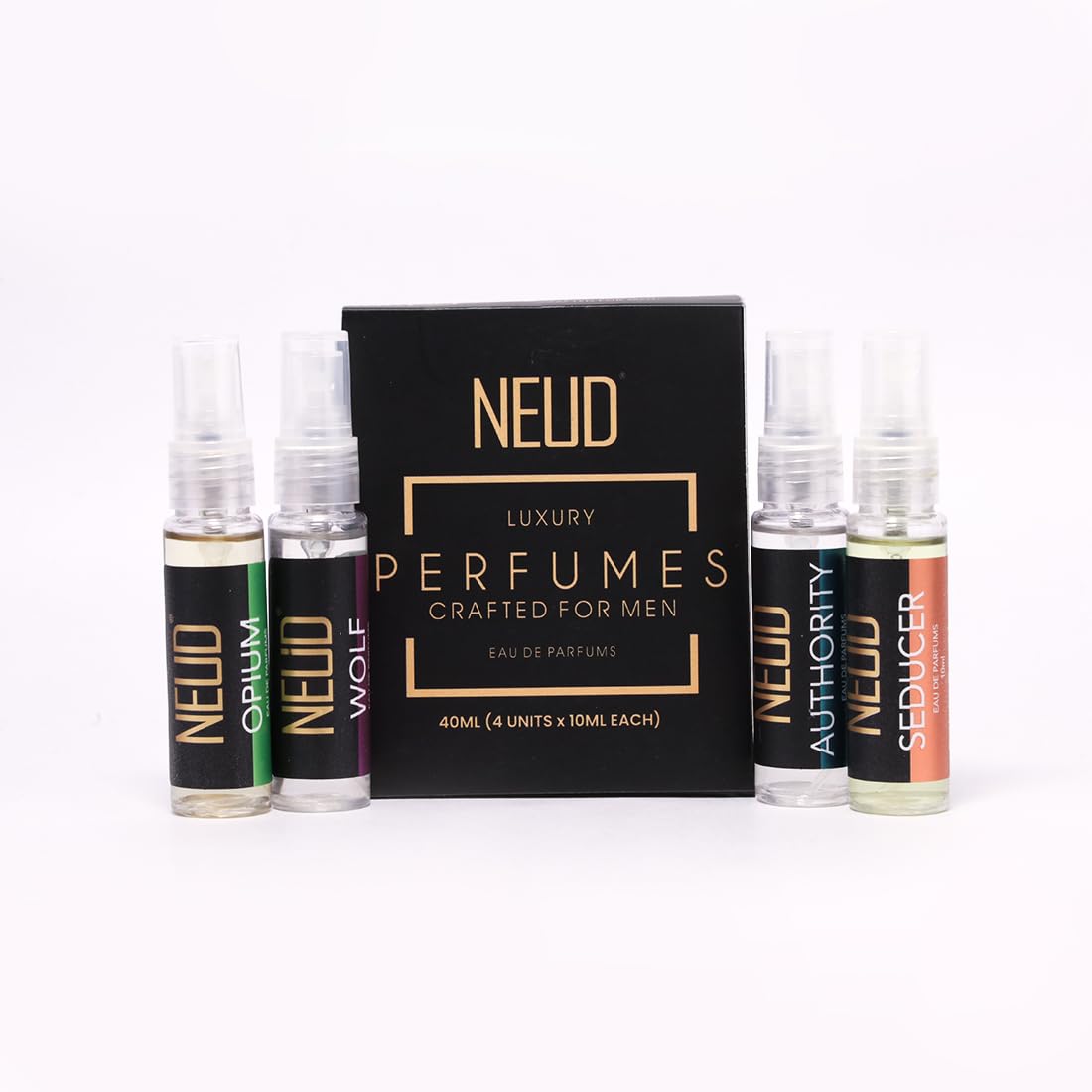 NEUD Luxury Perfume Gift Set for Men - Long Lasting Eau de Parfum (Citrus, Lavender, Cedarwood, Vanilla) – 1 Pack (4 x 10ml Vials)