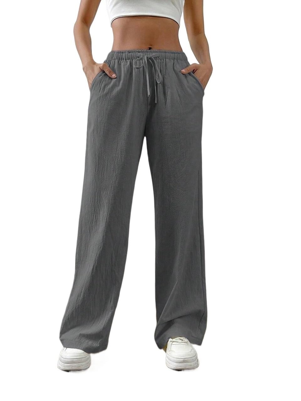 Womens Fall Loose Straight Drawstring Waist Slant Pocket Pants Trousers Gray