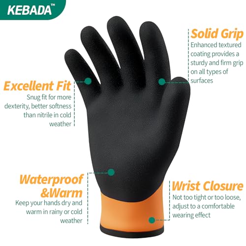 Image of Kebada T2 Waterproof Winter Work Gloves for Men and Women, 1 Pair, Orange | Medium, thermal insulated freezer gloves, wrist closure, latex coating, secure grip. Ideal for freezer work and cold weather