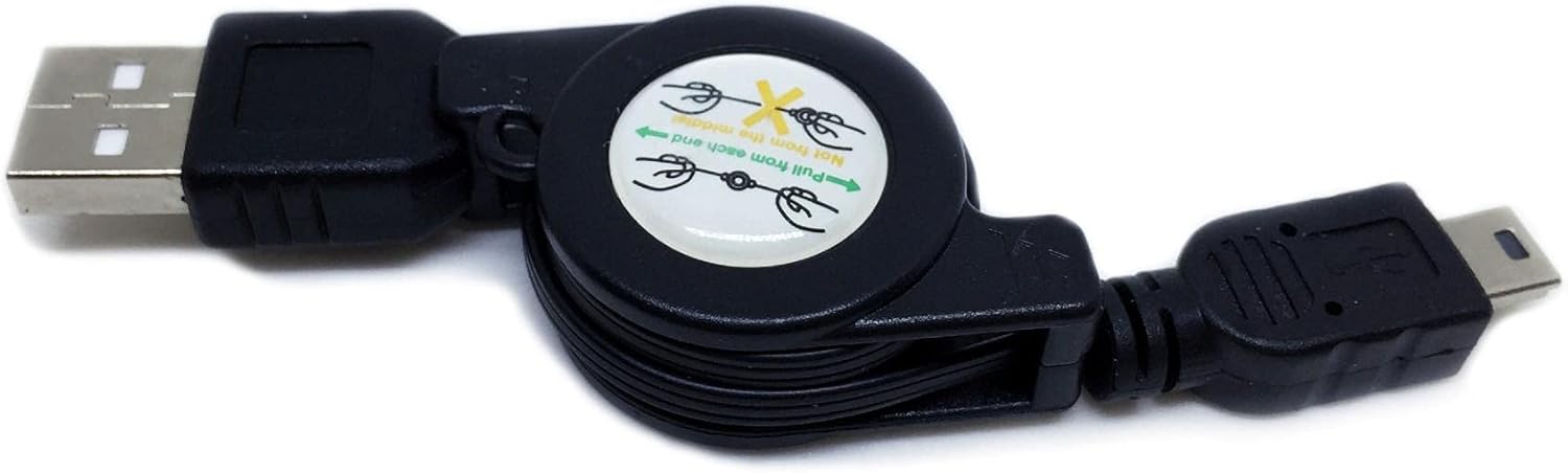 Close-up of the cable's retraction mechanism with instructions to pull from each end