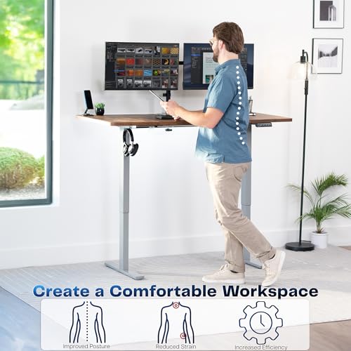 Image of VIVO Rustic Vintage Brown 60 x 30 in Standing Desk, DESK-KIT-1G6N-30 | Electric, Holds 220 lbs, Sit Stand, Height Adjustable, Extra Deep Table Top, Memory Presets, 1B Series, Gray Frame
