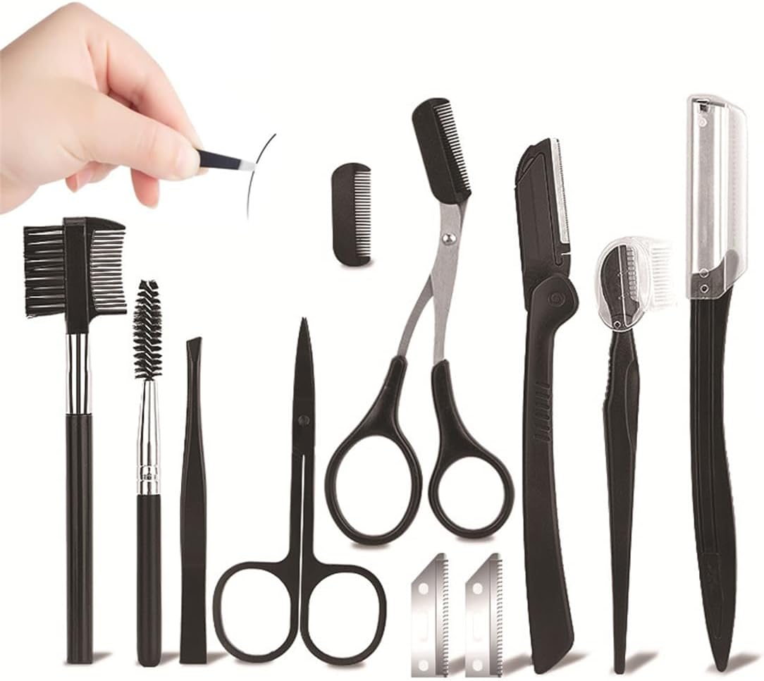 KWSLIN 11 Pack Eyebrow Grooming Kit, Eyelash Grooming Tool, Eyebrow Brush, Eyebrow Razor, Eyebrow Comb, Eyebrow Scissors with Comb, Folding Eyebrow Knife, Scissors, Eyebrow Trimmer, Tweezers, Black