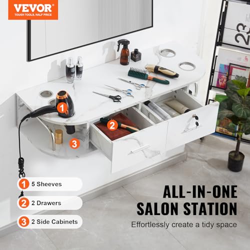 VEVOR Wall Mount Styling Station, Hair Barber Table with 5 Hair Dryer Holders, 2 Drawers(One Lockable), Beauty Salon Equipment for SPA, Barber Shop, Home & Bathroom, Marble White - Image 3