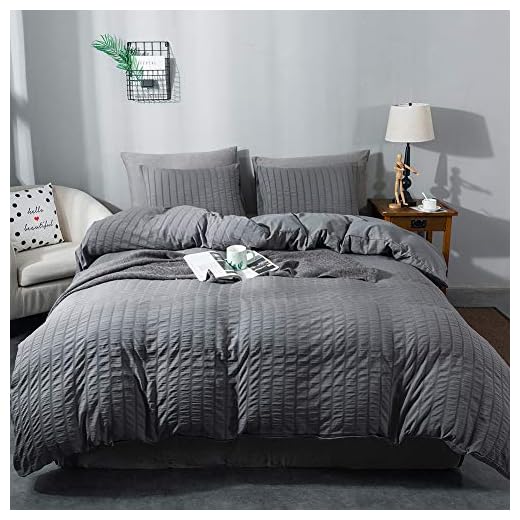 AveLom Seersucker Duvet Cover Set King Size (104 x 90 inches), 3 Pieces (1 Duvet Cover + 2 Pillow Cases), Dark Gray Ultra Soft Washed Microfiber, Textured Duvet Cover with Zipper Closure, Corner Ties