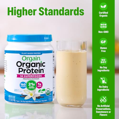 Orgain Organic Vegan Protein + 50 Superfoods Powder, Vanilla Bean - 21g Plant Based Protein, 8g Prebiotic Fiber, No Lactose Ingredients, Gluten Free, No Added Sugar, 1.12 lb (Packaging May Vary) - Image 4
