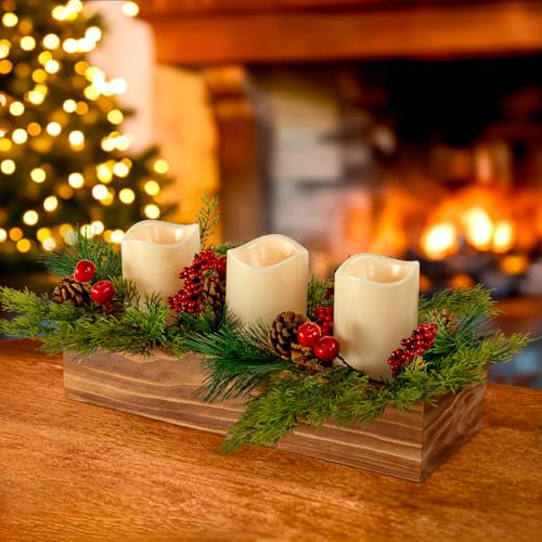 Lumeavetra Christmas Table Centerpieces with 3 Flameless LED Candles, Pine Cones and Red Berries, Rustic Wood Candle Holders Centerpiece for Holiday Dining Table, Home, Xmas Party Decoration