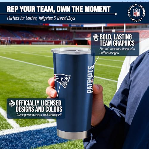 Image of New England Patriots NFL 20oz Stainless Steel Insulated Tumbler, Slider Lid | Officially licensed Patriots drinkware; double-wall vacuum construction; cupholder compatible; BPA-free; hand wash only