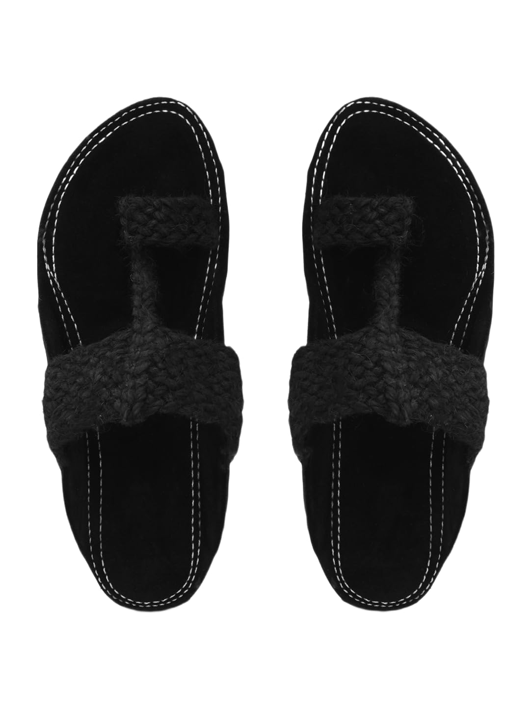 Anjaneya Creations Men's Black Braided Strap Sandals Velvet kholapuri Chappal Flat Sole Contrast Stitching Slip-On Style-image-46
