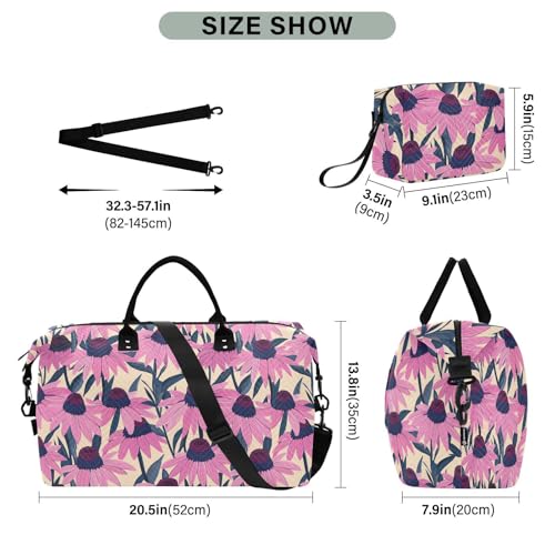 Coneflower Flower Vintage Cartoon Style Decorative Travel Bag Travel Tote Gym Bag with Toiletry Bag for Travel Large Capacity bolsas Grandes para Mujer3