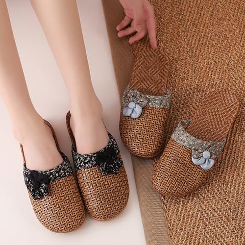 Shower Slippers Summer Mat Women's Linen Home Wooden Floor Couple Straw Indoor Men-orange Red Flowers-35-362