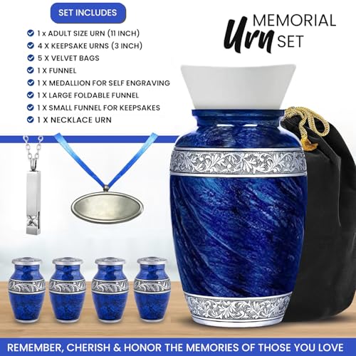 Image of Blue Urns Set of 6 Funeral & Cremation Urns for Human Ashes Adult Man /Woman with 1 Large Blue Urn for Ashes Adult Male with a Customizable Medallion & Ash Necklace with 4 Matching Small Urns
