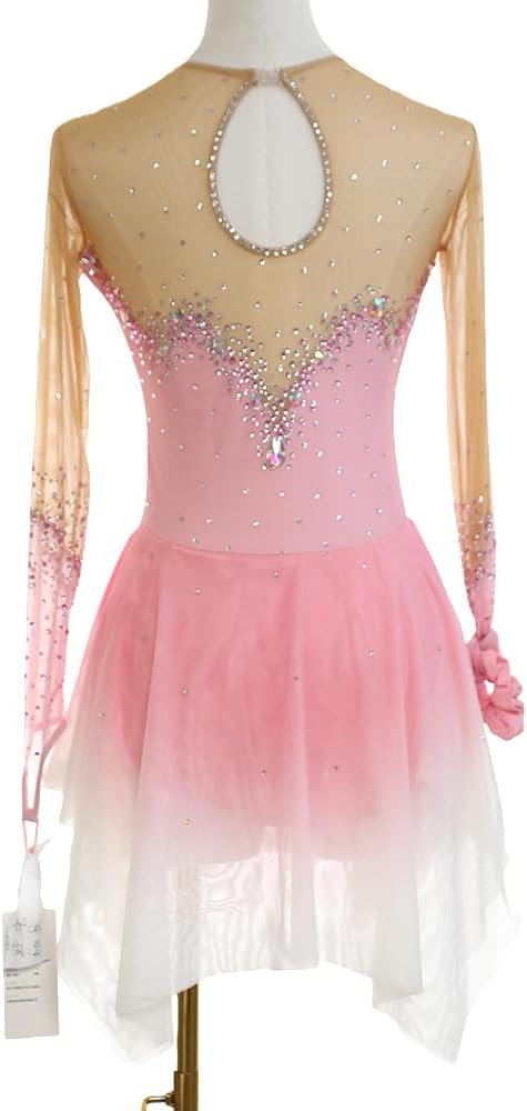 Girls' Pink Figure Skating Performance Dress with Rhinestones