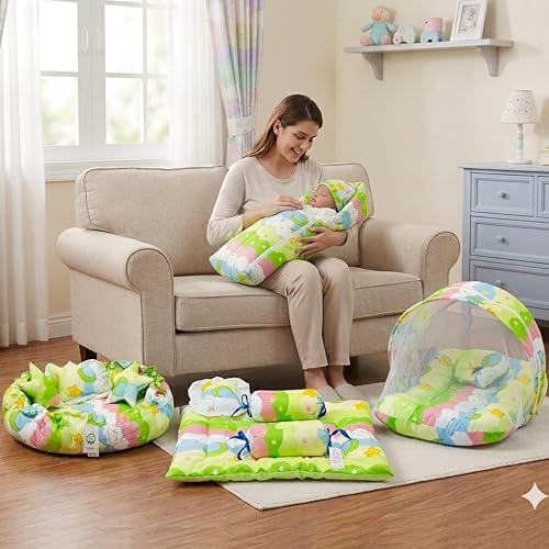 Image of Fareto Combo of Baby Nest | Net with Bed | Carry Bag | 4 Pcs Bedding Set(0-6 Months) (Fullset Nest) (New Star Green)