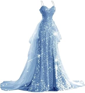 Sparkly Sequin Prom Dresses for Teens 2025 2 Piece Spaghetti Strap Princess Tulle Ball Gown for Women Wedding - Buy now