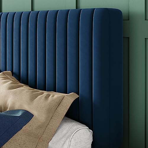 Image of Allewie King Bed Frame, Velvet Upholstered Platform Bed with Adjustable Vertical Channel Tufted Headboard, Mattress Foundation with Strong Wooden Slats, Box Spring Optional, Easy Assembly, Navy Blue