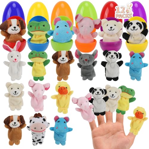 Pinkcow Prefilled Easter Eggs for Kids Toddlers - Easter Egg with Finger Plush Animal Toys Inside - 12 Pcs Finger Puppet Easter Eggs Pre Filled...