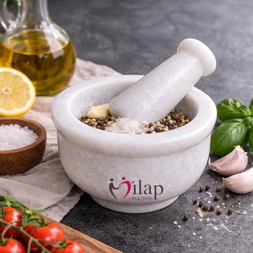 Image of White Marble Mortar and Pestle Set Stone 4 Inch, Khalbatta, Imamdasta, Kharal, Kundi, Okhli, Musal, Mixer, Silbatta Kitchen tool for Grinding Ingredients