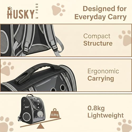 Image of Husky & Purr Cat Bag Carrier Backpack, Black | Collapsible Breathable Pet Carrier Backpack | Anti-Scratch Transparent Cat Carrier Bag for Travel, Up to 7kgs
