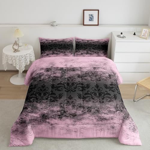 Feelyou Jacquard Bedding Set Black Damask Comforter Set for Kids Boys Girls Teens Room Decor Abstract Comforter King Size Pink and Black Duvet Set 3Pcs