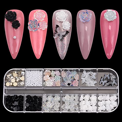 1 Box White Black 3D Nail Decoration Flower Flat Back Lace Patter...