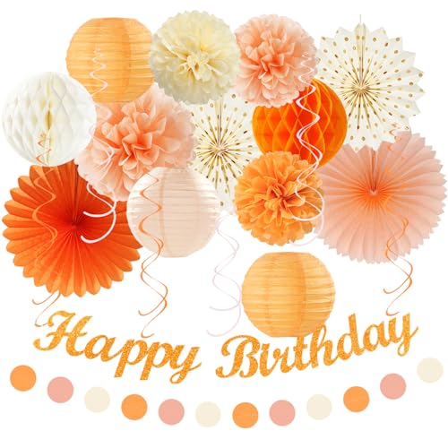 Image of Orange-Beige Fal Boho Birthday Party-Decorations - 21pcs Autumn One Two Sweet Peach Happy Banner,Girls Groovy Paper Streamers Lanterns Honeycomb,Tissue Pom Poms Fan,Hippie Garland Decor Huglony
