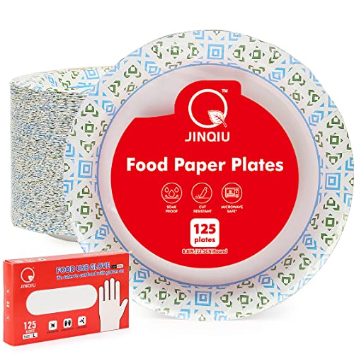 Jinqiu Paper Plate 8.8'' | Discount Package 250Ct | Paper Tray 125Ct, Tpe Gloves 125Ct | Paper Tray Printed With Beautiful Images | Suitable For Various Food, Friends' Dinner, Party, Bbq, Hamburg #TOP6