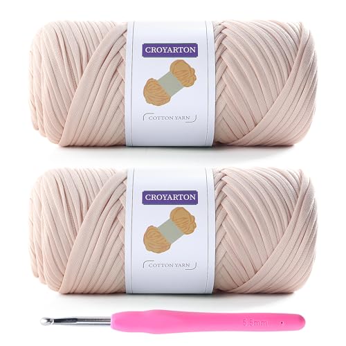 2 Pack Elastic T-Shirt Yarn for Crochet Bag/Baskets/Home Decor - 1 Crochet Hook, Thick Knitting Yarn - Total Length 130 Yds, Weight 14 Oz (Beige)