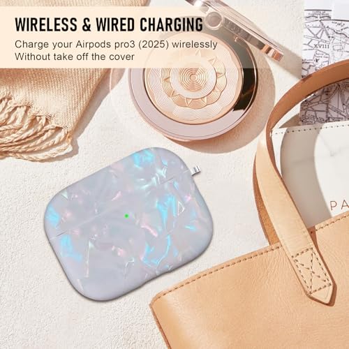 Image of Compatible Airpods Pro 3 Case (2025),Design Shell Print Silicone Protective Cases for Apple AirPods Pro 3rd Generation Case,Airpod Pro 3 Cover with Keychain&Cleaner Kit for Women /Girls,White Shell