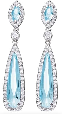 Silver Tone Antique Vintage Retro Art Deco Nouveau Style Gatsby Flapper Aquamarine Light Baby Blue Topaz Rhinestone Pear Wedding Bridesmaid Earrings