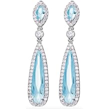 Silver Tone Antique Vintage Retro Art Deco Nouveau Style Gatsby Flapper Aquamarine Light Baby Blue Topaz Rhinestone Pear Wedding Bridesmaid Earrings