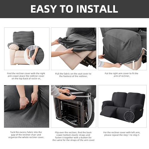 Image of Genina Recliner Loveseat Covers, Stretch Reclining Sofa Covers, 2 Seater Couch Cushion Stripe Jacquard Recliner Slipcovers - Furniture Protector Covers for Pet Kid (Black)