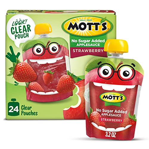 Mott's No Sugar Added Strawberry Applesauce, 3.2 Oz Clear Pouches, 24 Count (6 Packs Of 4), Good Source Of Vitamin C, No Artificial Flavors
