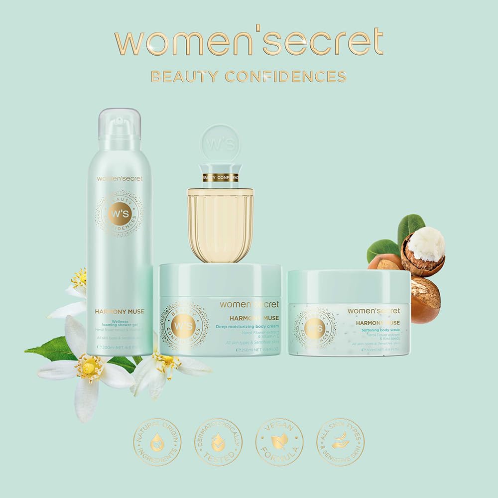 Women'secret Beauty Confidences Harmony Muse Estuche 3 Piezas | Pack Regalo, Crema Corporal 250ml, Gel de Ducha en Espuma 200ml y Aceite Corporal 100ml