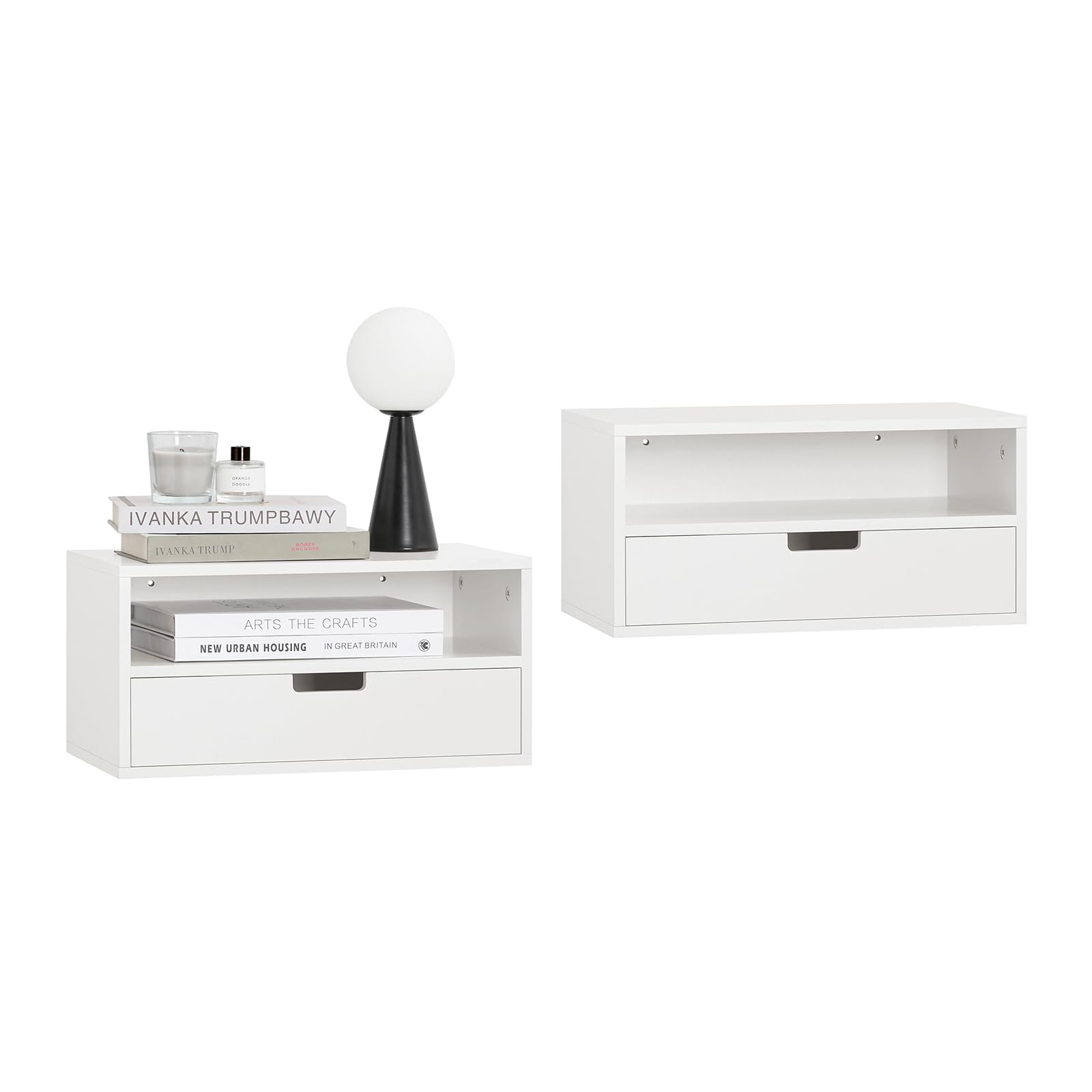 SoBuy hängender Nachttisch mit Schublade 45x25x22cm | 2er Set Wandregal mit offenem Fach, platzsparend für Schlafzimmer und Eingang Weiß NKD03-Wx2