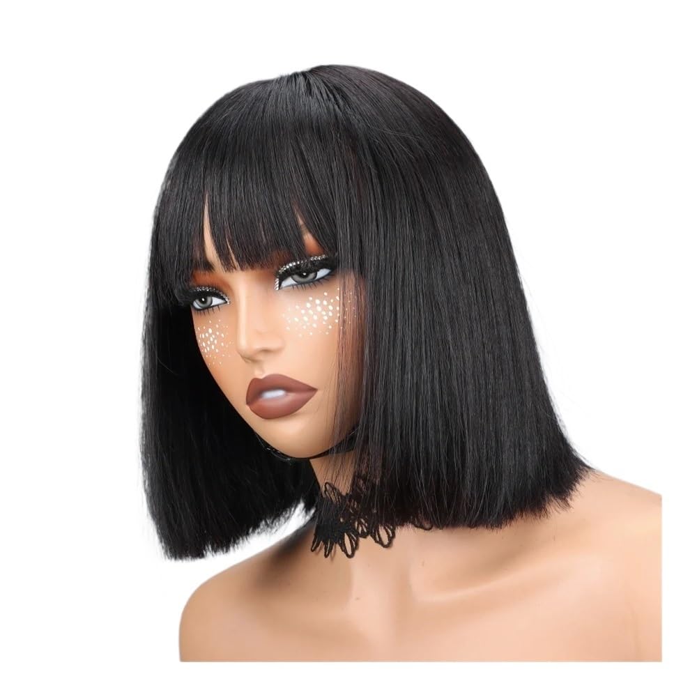 xiuling4568 Human Hair Bob Wigs with Bangs 210 Density Wear and Go Glueless Wig for Women Natural Black Hairs Extensions(12 inch)