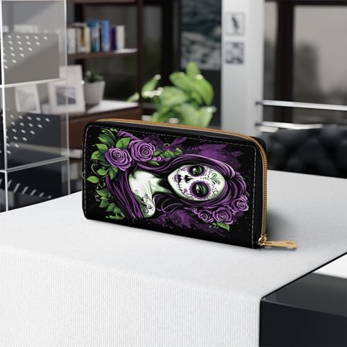 Womens Wallet,RFID Blocking Large Capacity Clutch,Zip Around Leather Purse with 8 Card Slots,Bill Compartments Coin Pocket - Day of the Dead Sugar Skull Women4